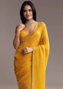 Mustard Yellow Organza Saree With Scallop Border And Stone Work