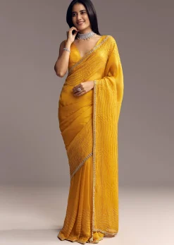 Mustard Yellow Organza Saree With Scallop Border And Stone Work