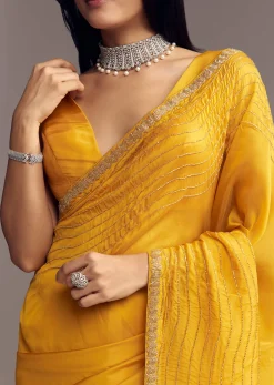 Mustard Yellow Organza Saree With Scallop Border And Stone Work
