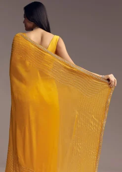 Mustard Yellow Organza Saree With Scallop Border And Stone Work