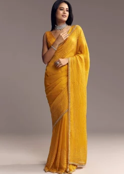 Mustard Yellow Organza Saree With Scallop Border And Stone Work