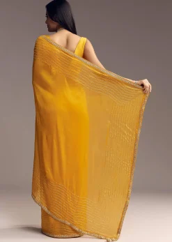Mustard Yellow Organza Saree With Scallop Border And Stone Work