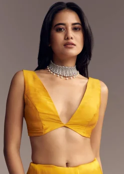 Mustard Yellow Organza Saree With Scallop Border And Stone Work