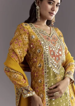 Mustard Yellow Patola Printed Kurta Sharara Suit With Organza Dupatta