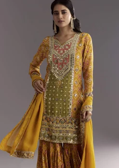 Mustard Yellow Patola Printed Kurta Sharara Suit With Organza Dupatta