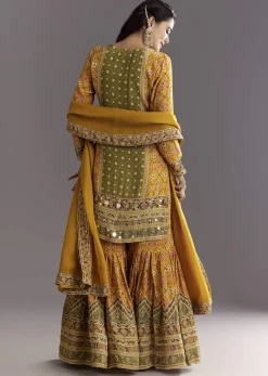 Mustard Yellow Patola Printed Kurta Sharara Suit With Organza Dupatta