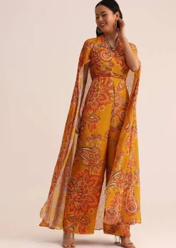 Mustard Yellow Printed Chiffon Jumpsuit