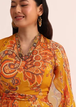Mustard Yellow Printed Chiffon Jumpsuit
