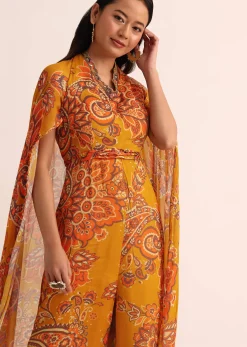 Mustard Yellow Printed Chiffon Jumpsuit