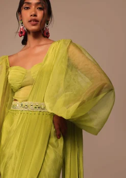 Mustard Yellow Saree With Bishop Sleeve Blouse And Hand Worked Belt