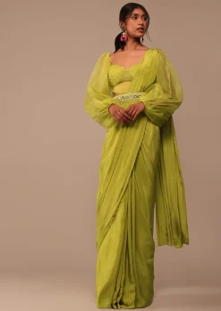 Mustard Yellow Saree With Bishop Sleeve Blouse And Hand Worked Belt