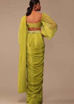 Mustard Yellow Saree With Bishop Sleeve Blouse And Hand Worked Belt