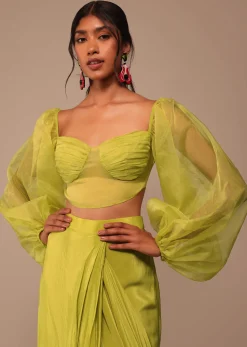 Mustard Yellow Saree With Bishop Sleeve Blouse And Hand Worked Belt