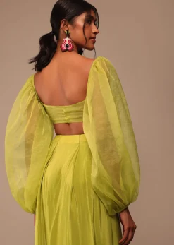 Mustard Yellow Saree With Bishop Sleeve Blouse And Hand Worked Belt