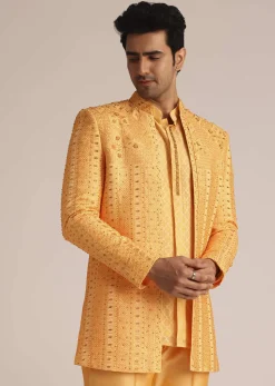 Mustard Yellow Silk Indo Western Set With Zardosi Work