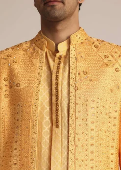 Mustard Yellow Silk Indo Western Set With Zardosi Work
