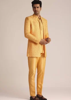 Mustard Yellow Silk Indo Western Set With Zardosi Work