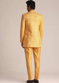 Mustard Yellow Silk Indo Western Set With Zardosi Work