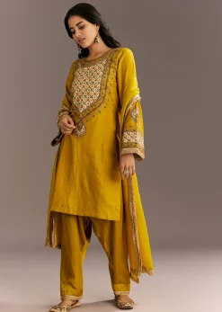 Mustard Yellow Silk Kurta Patiala With Gotta Lace Dupatta