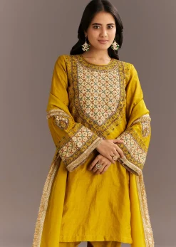 Mustard Yellow Silk Kurta Patiala With Gotta Lace Dupatta