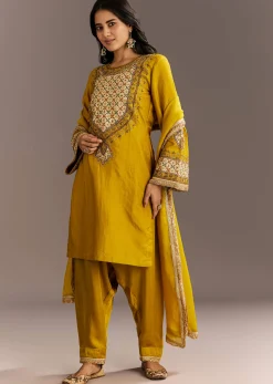 Mustard Yellow Silk Kurta Patiala With Gotta Lace Dupatta