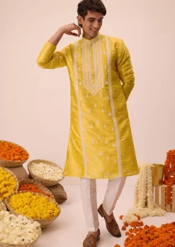 Mustard Yellow Silk Kurta Set In Resham Work For Men