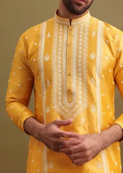 Mustard Yellow Silk Kurta Set In Resham Work For Men