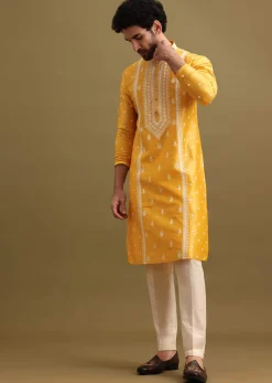 Mustard Yellow Silk Kurta Set In Resham Work For Men