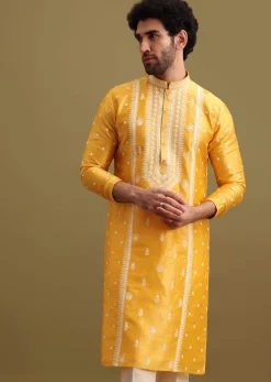 Mustard Yellow Silk Kurta Set In Resham Work For Men