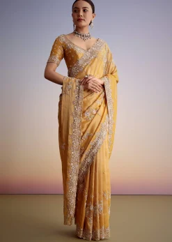 Mustard Yellow Silk Saree With Heavily Embroidered Pallu And Border