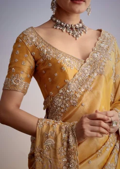 Mustard Yellow Silk Saree With Heavily Embroidered Pallu And Border