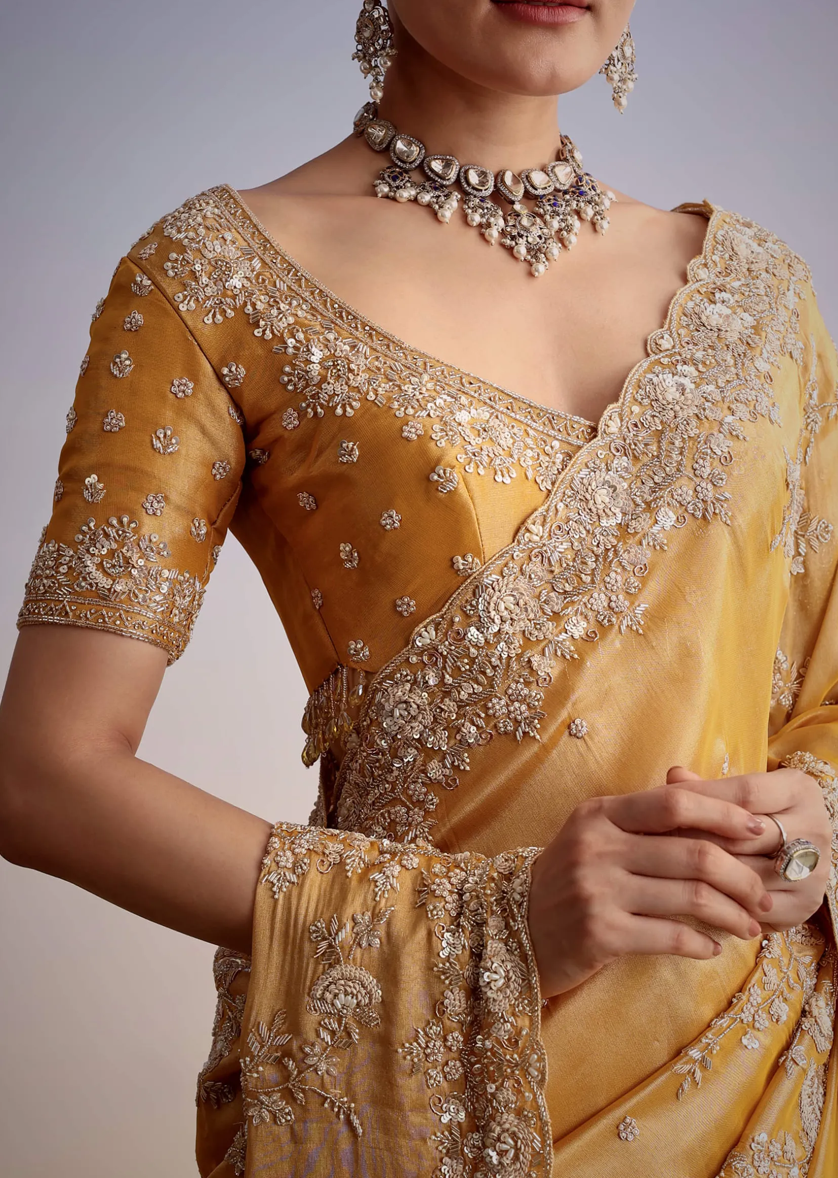 Mustard Yellow Silk Saree With Heavily Embroidered Pallu And Border