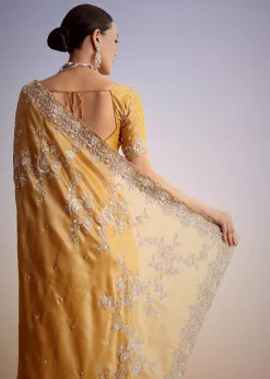 Mustard Yellow Silk Saree With Heavily Embroidered Pallu And Border