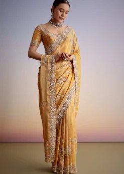 Mustard Yellow Silk Saree With Heavily Embroidered Pallu And Border