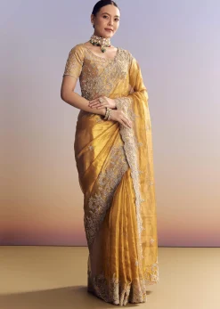 Mustard Yellow Tissue Saree With Golden Zardosi Embroidery
