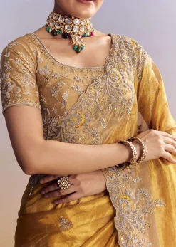 Mustard Yellow Tissue Saree With Golden Zardosi Embroidery