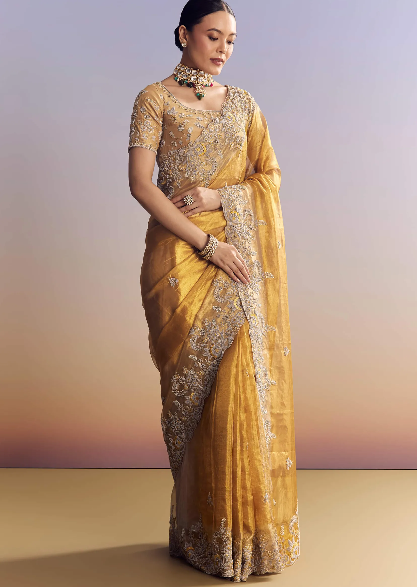 Mustard Yellow Tissue Saree With Golden Zardosi Embroidery