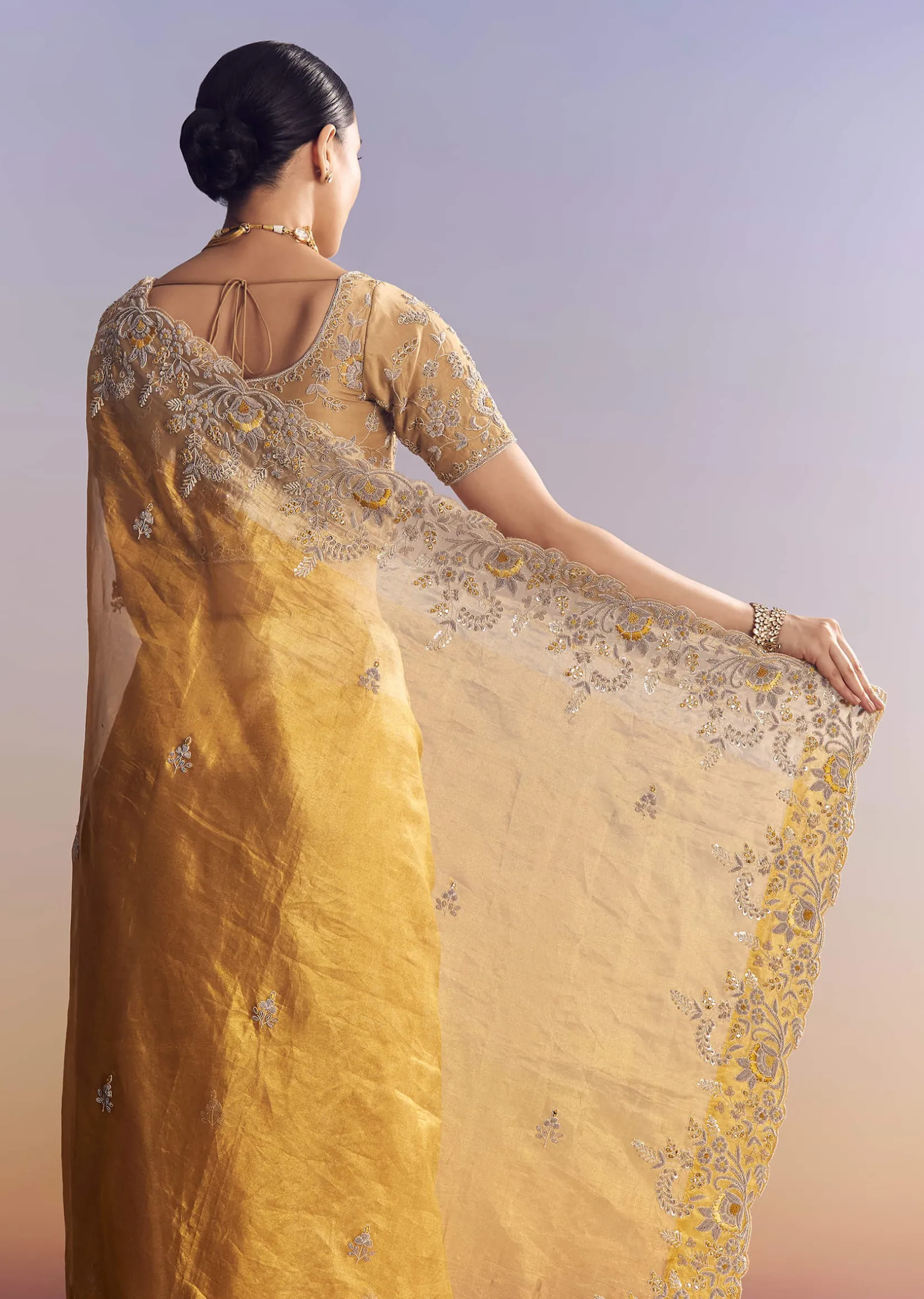 Mustard Yellow Tissue Saree With Golden Zardosi Embroidery