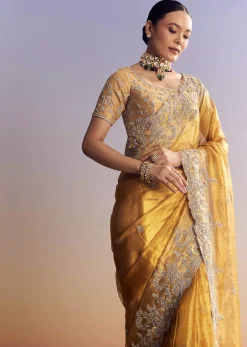 Mustard Yellow Tissue Saree With Golden Zardosi Embroidery