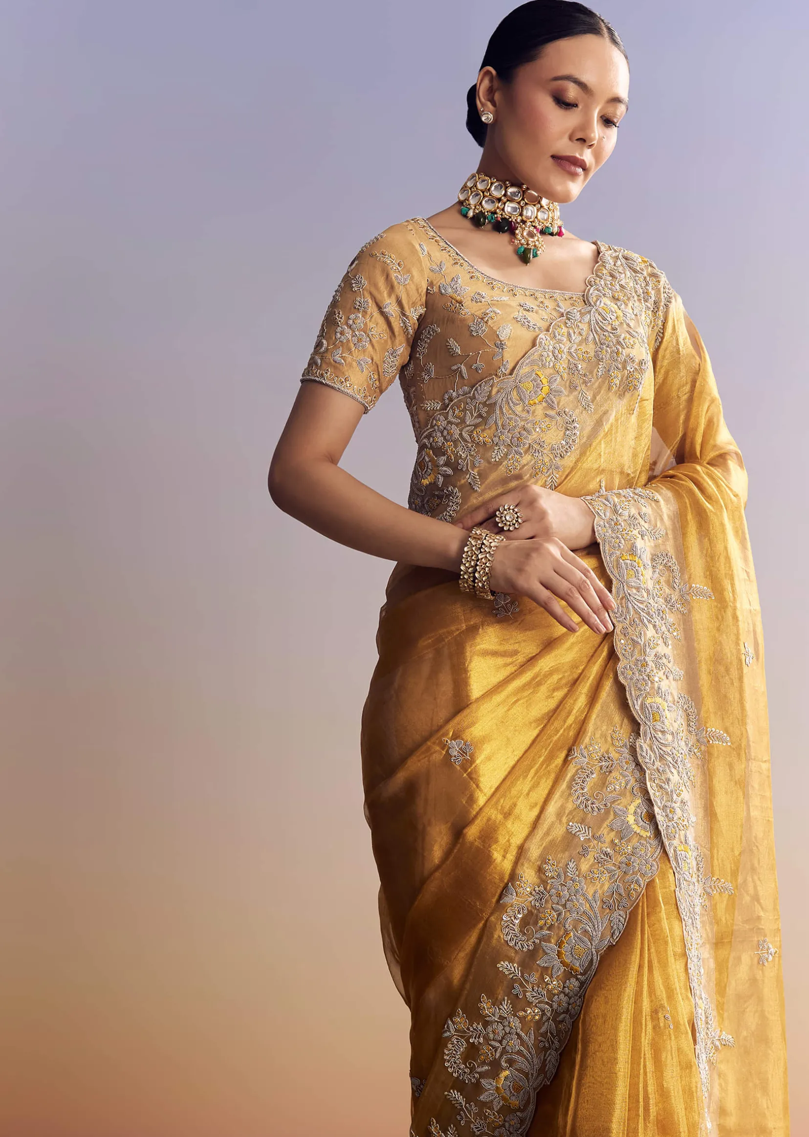 Mustard Yellow Tissue Saree With Golden Zardosi Embroidery