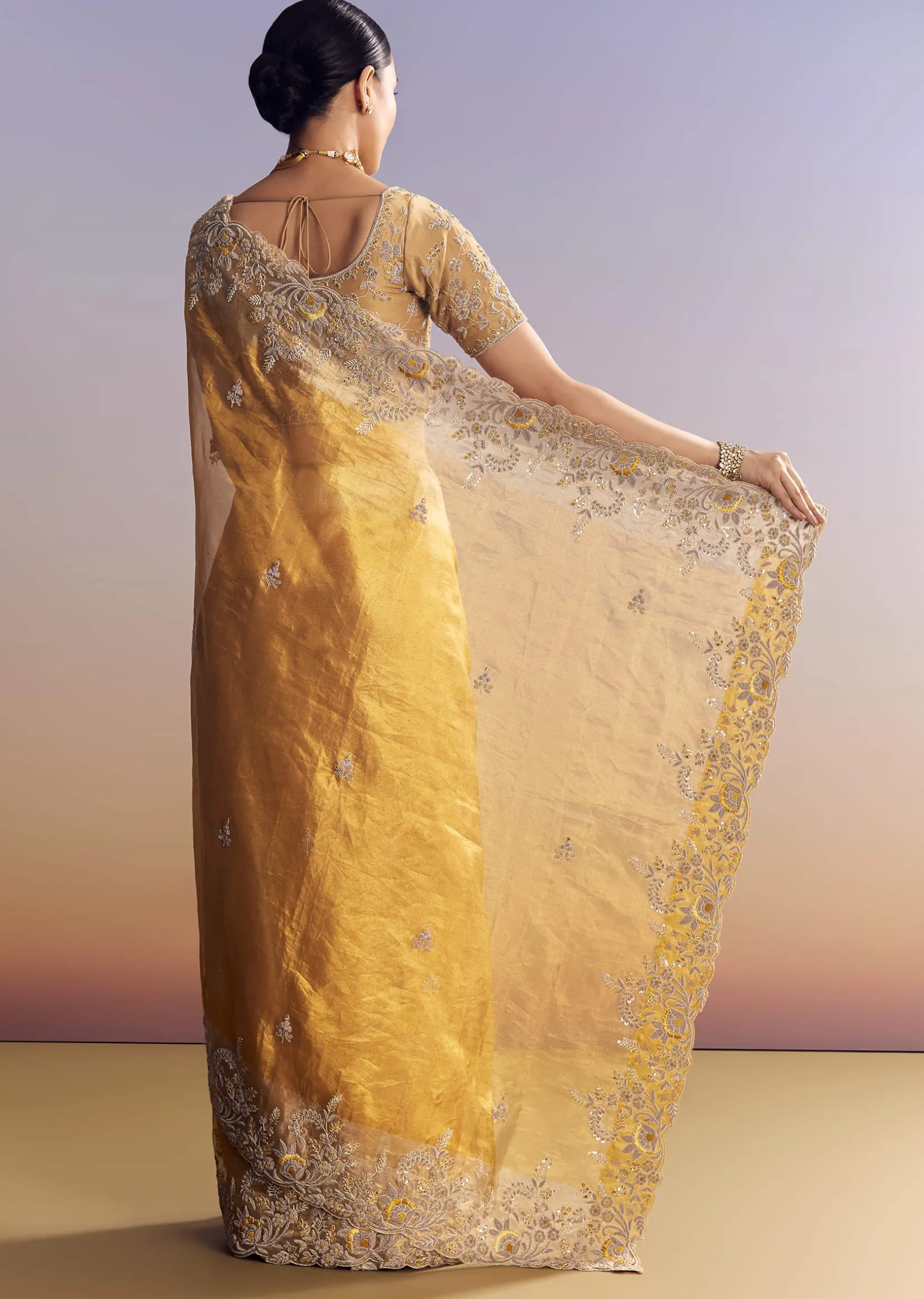 Mustard Yellow Tissue Saree With Golden Zardosi Embroidery
