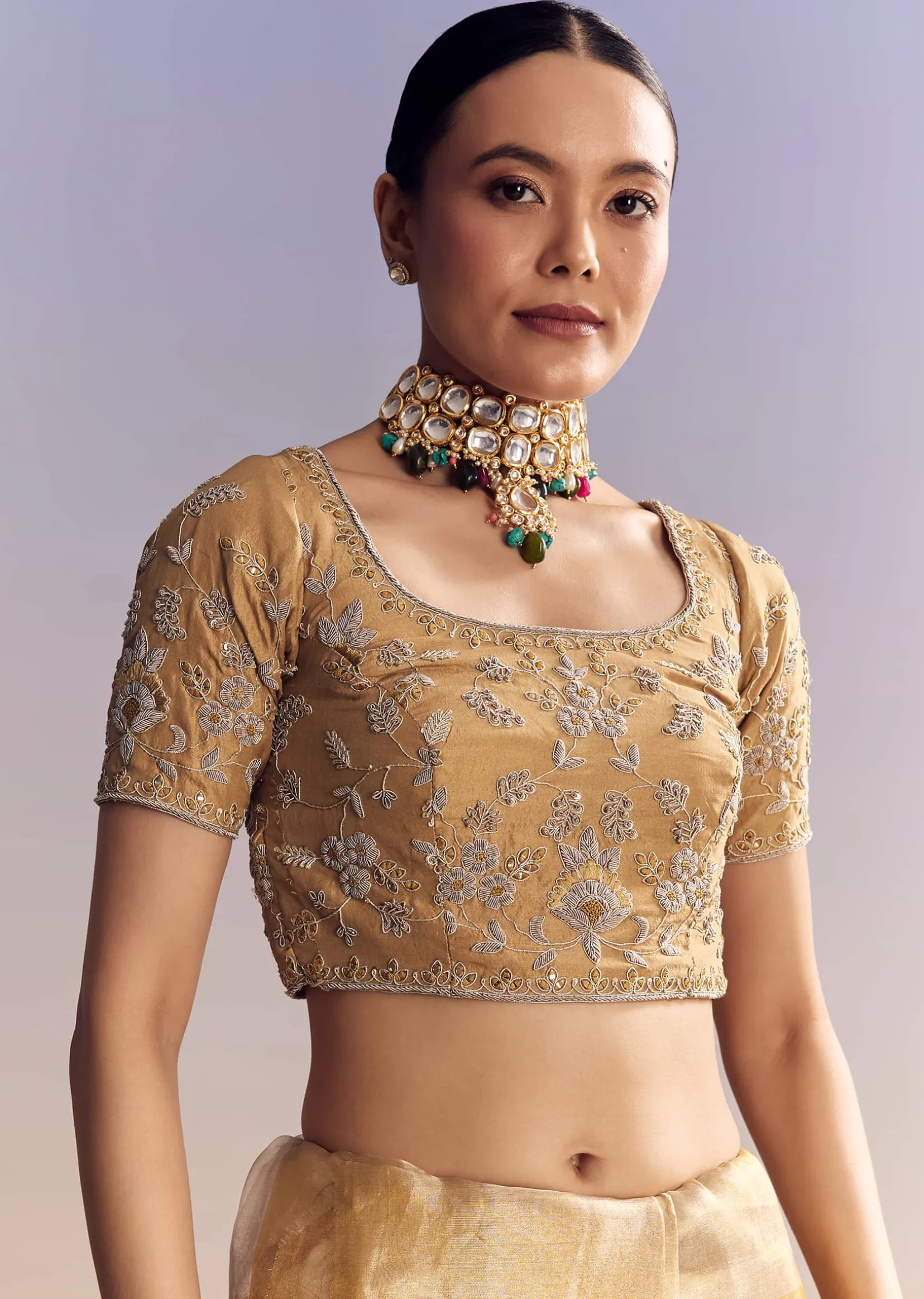 Mustard Yellow Tissue Saree With Golden Zardosi Embroidery