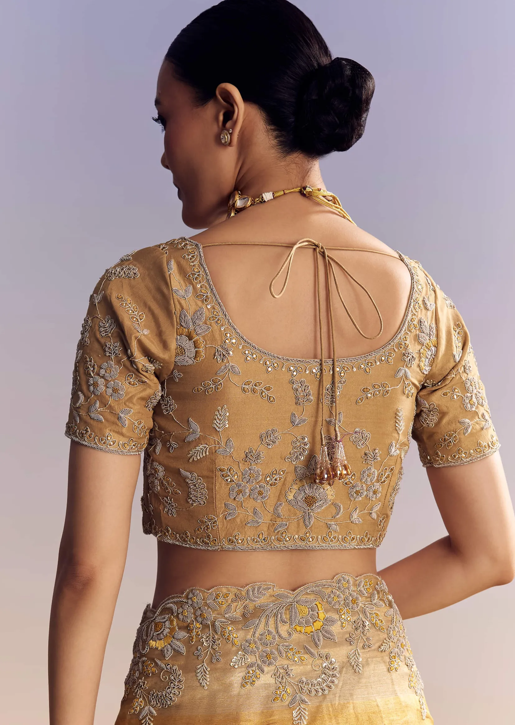 Mustard Yellow Tissue Saree With Golden Zardosi Embroidery