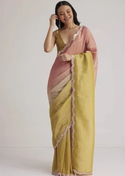 Mustard Yellow Triple Shaded Crushed Tissue Saree With Scallop Border