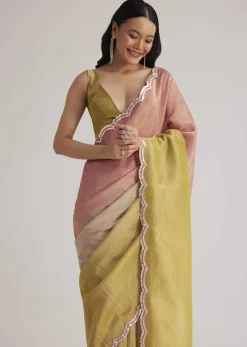 Mustard Yellow Triple Shaded Crushed Tissue Saree With Scallop Border