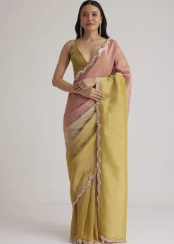 Mustard Yellow Triple Shaded Crushed Tissue Saree With Scallop Border