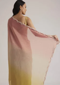 Mustard Yellow Triple Shaded Crushed Tissue Saree With Scallop Border