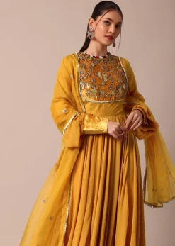 Mustard Yellow Velvet Embroidered Anarkali With Organza Dupatta