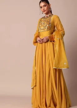 Mustard Yellow Velvet Embroidered Anarkali With Organza Dupatta