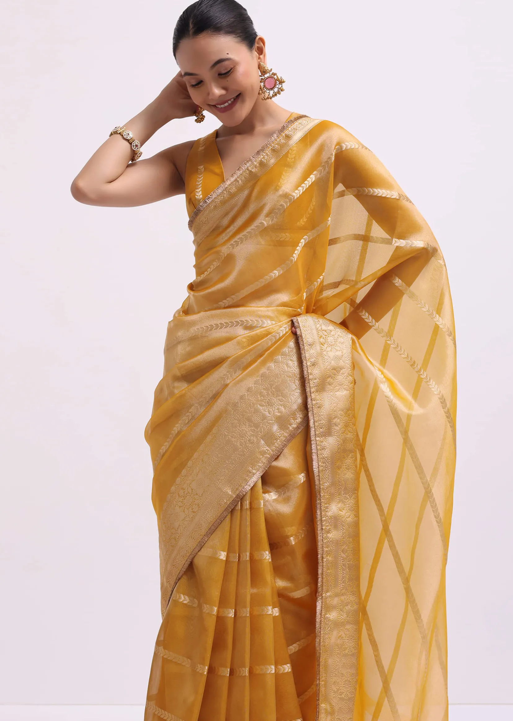 Mustard Yellow Zari Woven Chanderi Saree With Unstitched Blouse
